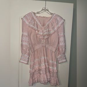 LoveShackFancy Deacon Pale pink puffed sleeve broidered linen mini dress XS